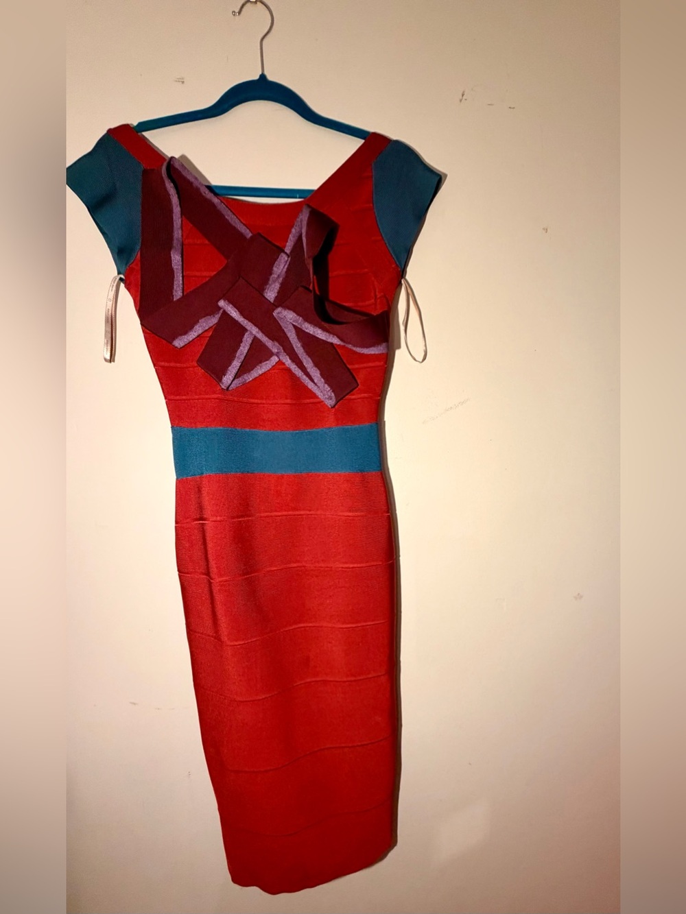 Herve Leger Red Midi Bandage Dress with Teal Accents